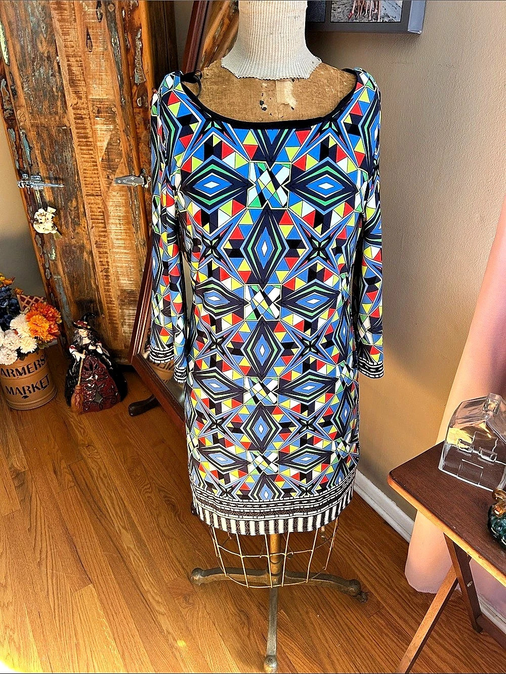 Laundry by Shelli Segal Geometric Mini Dress in Blue & Black Size Small Like New